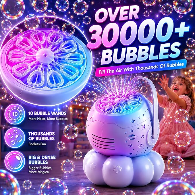 Bubble Machine for Kids, 3-in-1 Rechargeable Bubble Maker with 7 Night Light Star Projector, 30000+ Bubbles/Min, 600ml Large Capacity Electric Bubble Blower Toy for Weddings, Birthday Parties