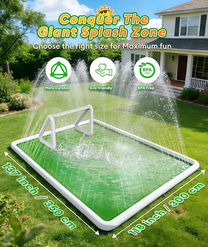 EPN Splash Pad for Kids, 138" x 118" Extra Large Sprinkler Mat with Soccer Goal & Ball, Non-Slip Thick PVC Water Play Mat, Outdoor Backyard Water Toys for Kids Ages 4-8 8-12, Lawn & Summer Fun