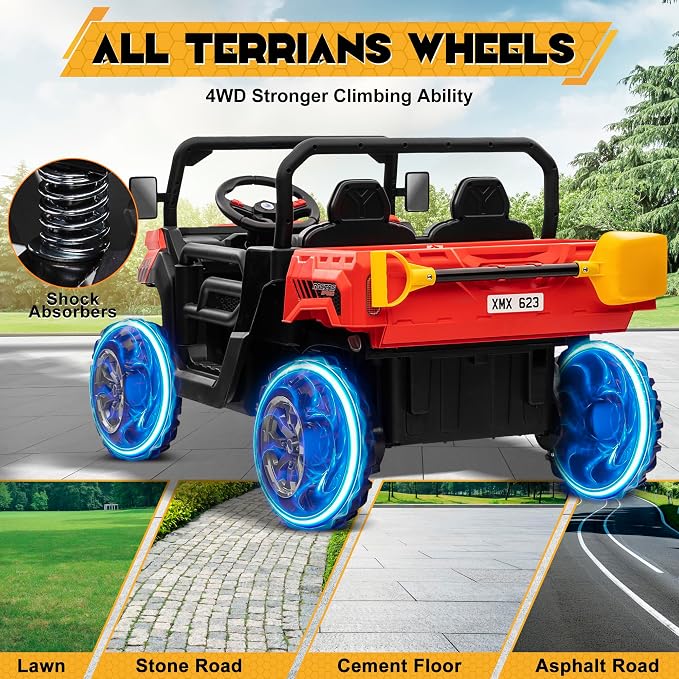 24V 4WD Ride on Car Dump Truck w/4X200W Motor, 2 Seaters, Gift Flower, 2.4G Remote Control, Bluetooth Music, LED Light, 24 Volt Ride on Toy Cars for Big Kids, Red