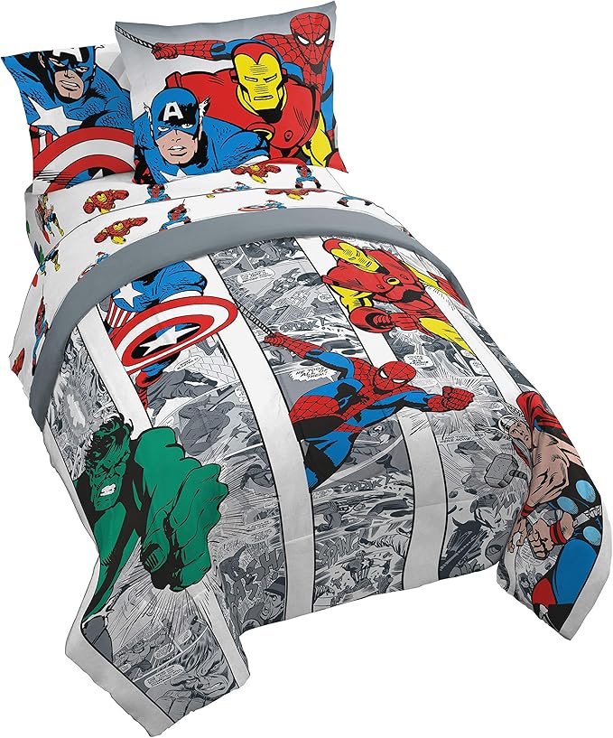 Jay Franco Marvel Avengers Comic Cool 7 Piece Full Bed Set - Includes Comforter & Sheet Set - Bedding Features Captain America, Spiderman, Iron Man, Hulk, & Thor - Super Soft