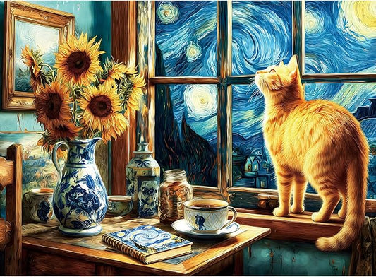 EIYRURU 500 Piece Jigsaw Puzzle for Adults –Van Gogh Starry Night Cat Jigsaw Puzzles 500 Pieces, Sunflower Artwork Puzzles for Adults 500 Pieces, Challenging Perfect for Game Nights, 20.5 X 15 in