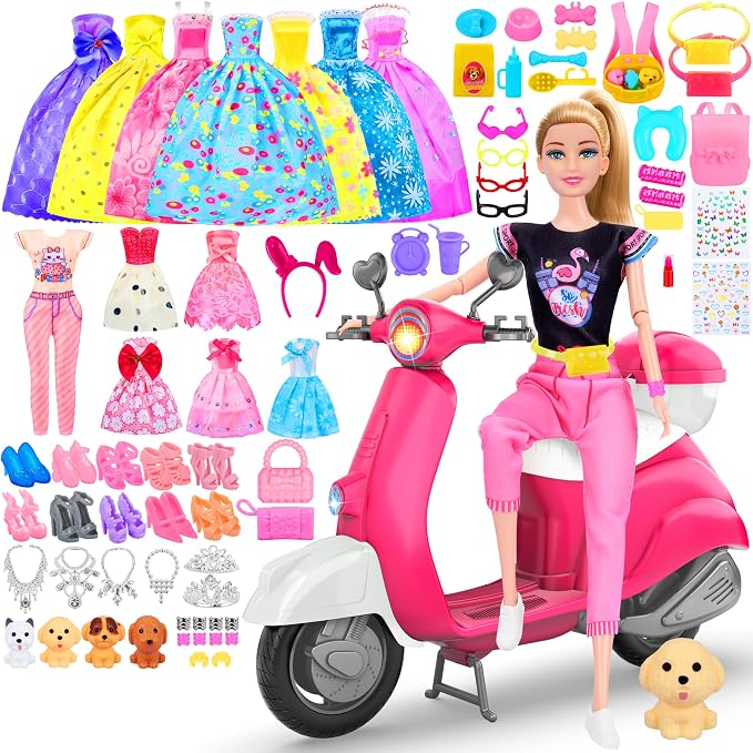 75 Pcs Doll Scooter Set, Doll Clothes and Accessories, Doll Playset Dress up Toys for Girls Kids Toddlers, Gift Toys for Age 3 4 5 6 7 8