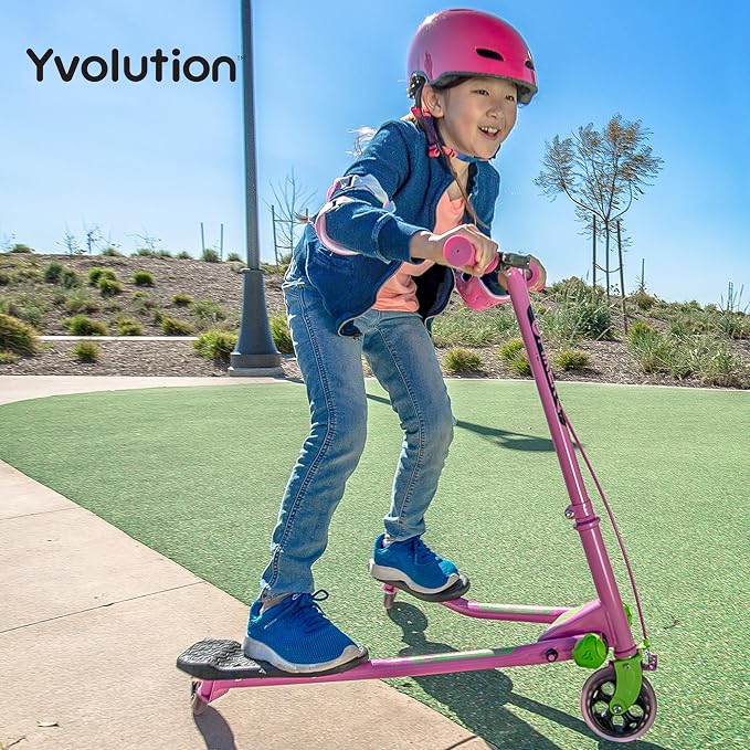 Yvolution Y Fliker A1 Drift Scooter – 3-Wheel Wiggle Scooter for Kids Ages 5-8 – Self-Propelling, Foldable Design with Hand Brake – Max Weight 110 lbs – Pink/Green