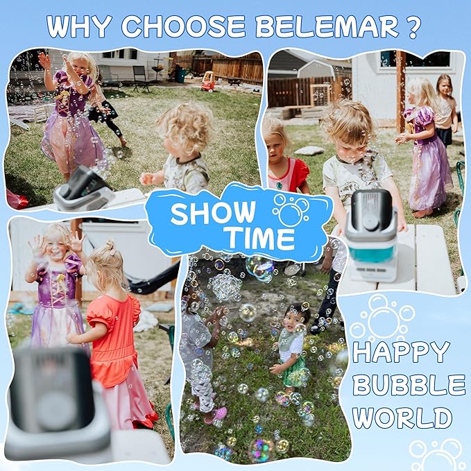 Belemar Upgraded Bubble Machine with Remote Control, Automatic Rotation & RGB Lights, 1800mAh Rechargeable Battery, Type-C Charge, Bubble Maker for Kids, Weddings, Birthday Parties, Outdoor Activities