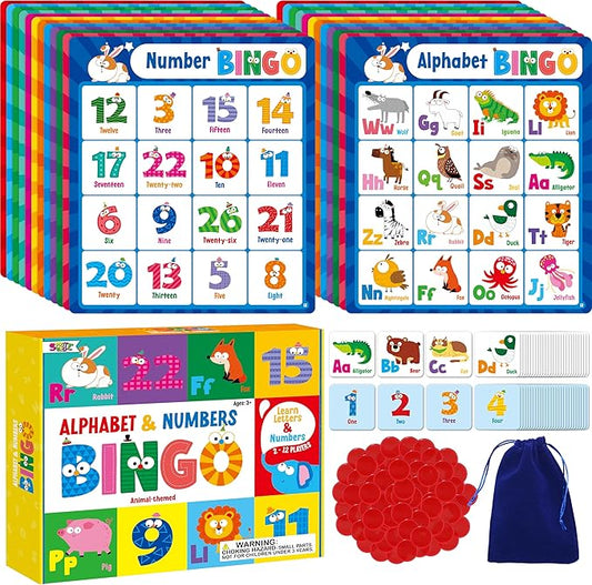 SpriteGru Alphabet Bingo Game, Uppercase/Lowercase/Number Bingo Game ABC and 123 Bingo Board Game for Kindergarten and Preschool Kids 4+, Perfect for Classroom & At Home