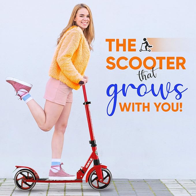 Compact Kick Scooter for Teens - Folding Stand Kick Scooters w/Adjustable Height, Alloy Anti-Slip Deck, 8” Wheels, Mud Guard Front Wheel, for Kids, Boys/Girls 8+-Year-Old - Hurtle HURTSBU (Red)