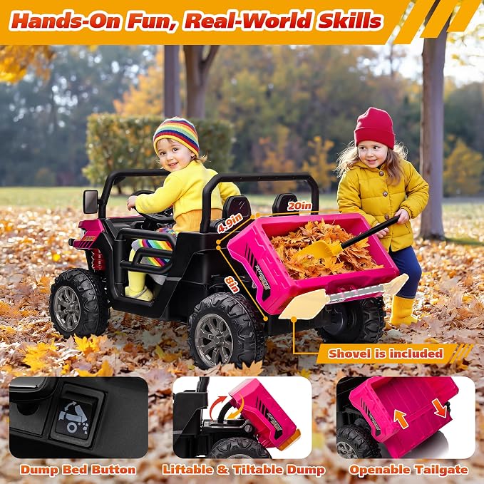 Joyracer 4WD 24 Volt Ride on Toys, 800W Ride on Truck for Kids, 2 Seater Power Car Wheels w/Dump Bed & Shovel, Ride on UTV w/Remote Control, Bluetooth, LED Lights, Pink
