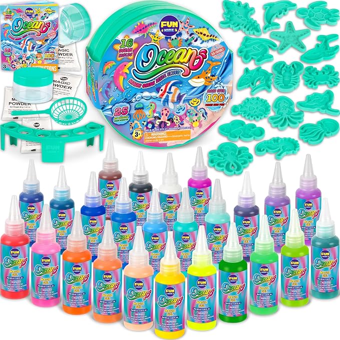 Ocean Magic Water Elves Toys Kit, FunKidz Aqua Squishy Craft Kit for Kids 25 Bright Ocean Colors Gel 16 Ocan Creature Molds Great Birthday Gift for Boys Girls Summer Activities