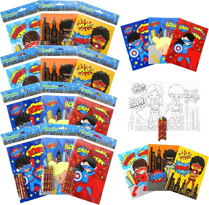 TINYMILLS Superhero Coloring Books for Kids – 12 Coloring Books with 48 Crayons, Superhero Party Favors, Classroom Rewards, Favor Bag Fillers, Superhero Birthday Party Supplies