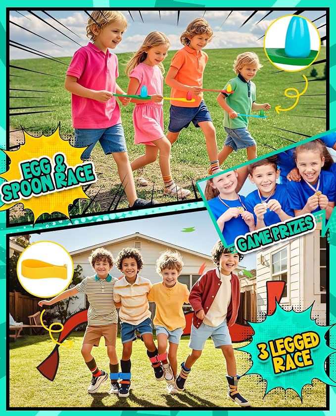 Eocolz Outdoor Carnival Games, Potato Sack Bags for Kids Adults, Egg Spoon Relay Race, 3 Legged Race Bands, Catch Tail Games, Birthday Party, Field Day Family Day Yard Lawn Easter Fall Festival Games