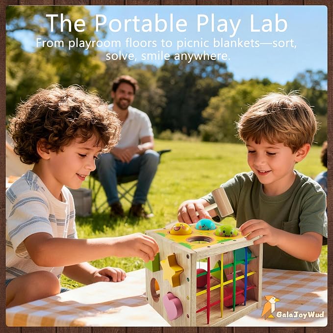 Wooden Activity Cube for Baby,Shape Sorters for Toddlers 1-3, Developmental Toy, Hammer Pounding & Sensory Blocks, Gift for Boys and Girls