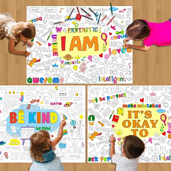 Set of 3 Jumbo Giant Coloring Poster for Kid Large Positive Coloring Tablecloths with I AM IT’S OK TO BE KIND Theme Inspirational Fun Coloring Banner for Classroom Home Activity Birthday Party Supply
