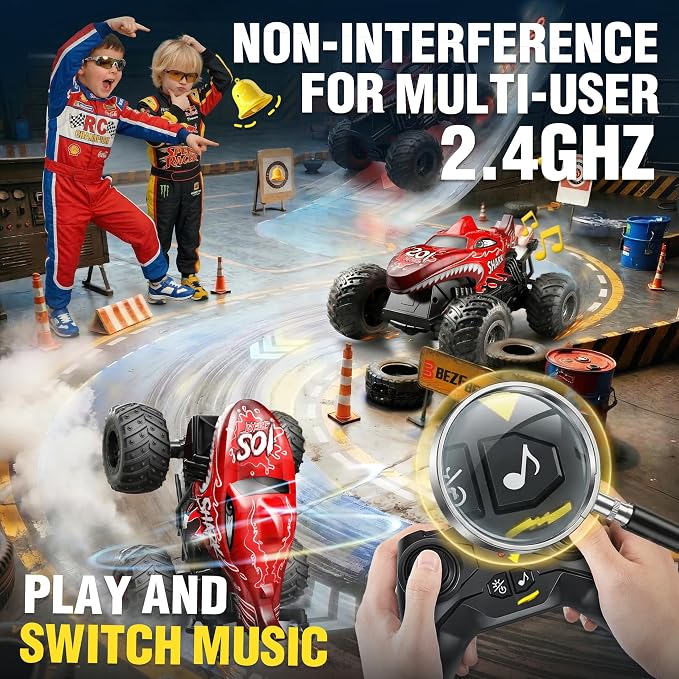 BEZGAR 1:20 Shark Monster Truck Toys, 360°Stunt RC Cars Rotation Monster Trucks with Music, 2 Batteries and Wireless LED Strobe Lights, Remote Control Car for Boys 4 5 6 7 8 9 Years Old(Red)