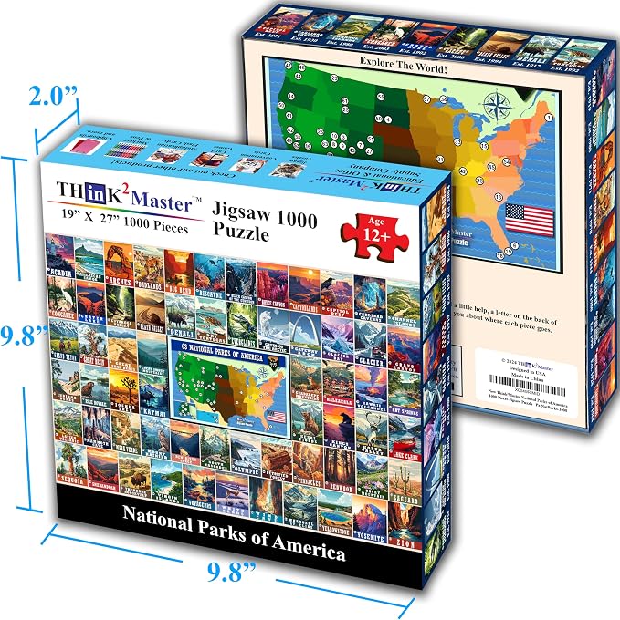 Think2Master Colorful Vintage USA National Parks 1000 Pieces Large Format Jigsaw Puzzle for Kids 13+, Teens, Adults & Families. Great Gift for People Interested in Traveling. Size: 26.8” X 18.9”