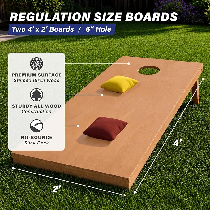 GoSports 4 ft x 2 ft Regulation Size Wooden Cornhole Boards Set with Light Brown Finish - Includes Carrying Case (Choose Your Colors)