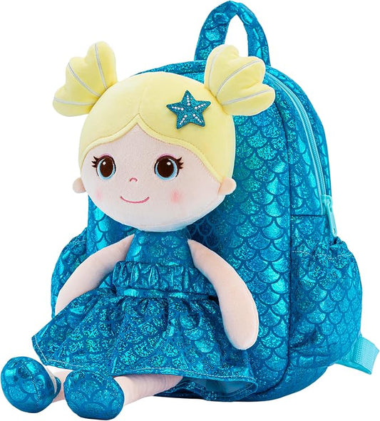 Lazada Toddler Backpack - Baby Girl Gifts Plush Doll Dress Backpack - Fashion Girls Tina Fish Scale Series - Blue 11Inches