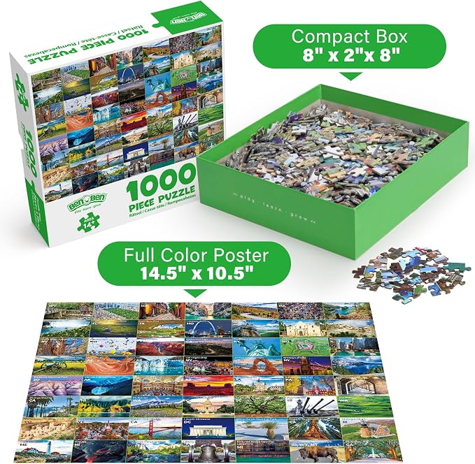 BenBen 1000 Piece Puzzle for Adults, Iconic America, 56 USA Landmarks, Travel Landscape Puzzle Including National Parks, Jigsaw Puzzles with Letters or Patterns on Back