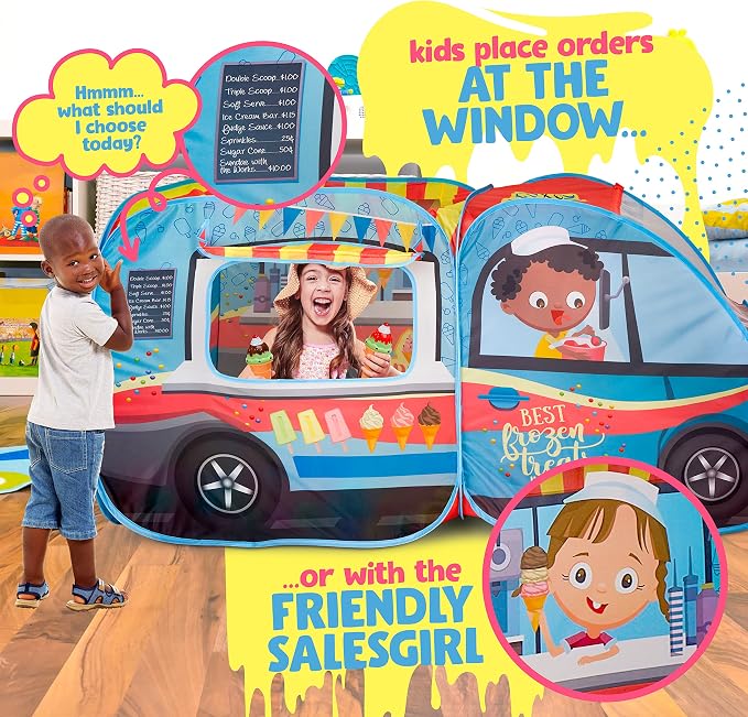 Kiddzery Ice Cream Truck Play Tent for Kids - Pretend Play Toy Food Set - Pop Up Icecream Playhouse Toys with Music Button - Birthday Gift for Girls & Boys - Indoor & Outdoor Tents for Toddlers & Baby