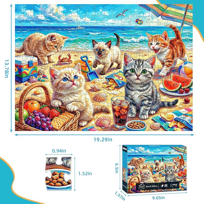 Puzzles for Kids Ages 6-8 8-10, 200 Piece Jigsaw Puzzles for Kids and Adults - Beach Kitten, Learning Educational Puzzles Toys for Boys and Girls