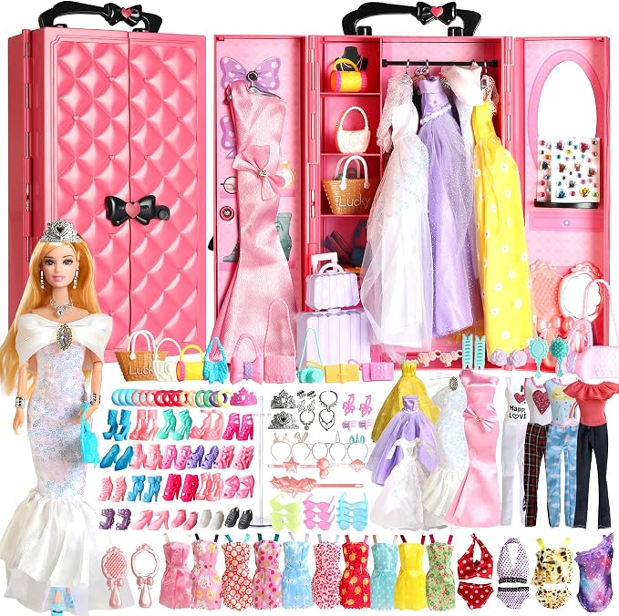 UCanaan 180 Pcs Doll Clothes and Accessories Set, Princess Gowns, Dresses, Tops, Pants, Shoes, Hangers, Fashion Doll Wardrobe, Ages 3+ Best Gitfs for Girls Christmas Birthday