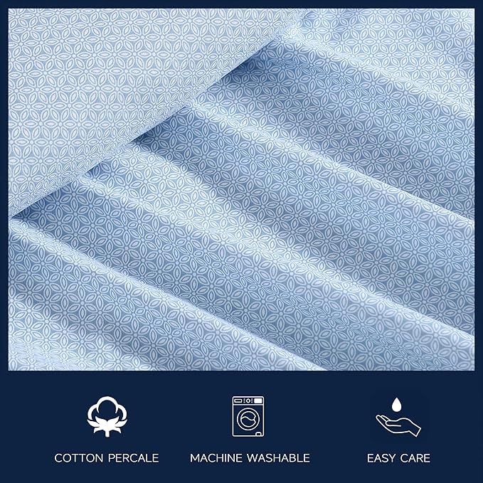 Nautica - Twin Size Sheets Set, Crisp & Tailored Floral Bedding with a Smooth Cotton Percale, Bed Sheets with Matching Pillowcase & Fitted Sheet (Geo Floral Blue)