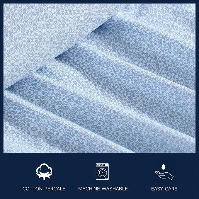Nautica - Queen Size Sheets Set, Crisp & Tailored Floral Bedding with a Smooth Cotton Percale, Bed Sheets with Matching Pillowcases & Fitted Sheet (Geo Floral Blue)