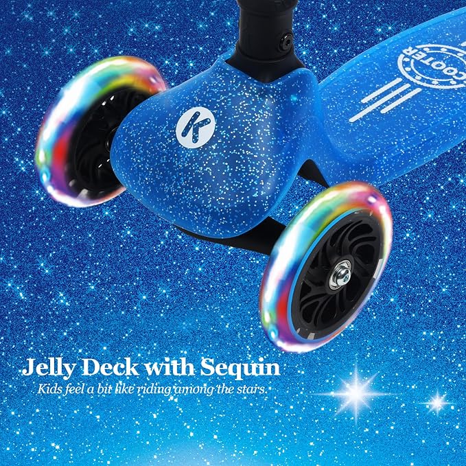 Kicknroll Kids Scooter Light Up 3 Wheel Toddler Kick Scooters with Jelly Glitter Anti-Slip Deck and LED Wheels, 4 Adjustable Heights, Foldable, Lean-to-Steer Design for Girls & Boys 3-12 Max 110 Lbs