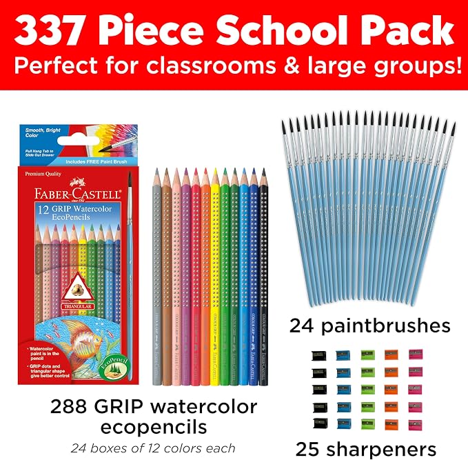 Faber-Castell Grip Watercolor EcoPencils School Pack | 288 Pre-Sharpened Colored Pencils Bulk | Draw, Blend & Watercolor Effects | Kids Art Set, Classroom Supplies with Storage (Ages 5+)