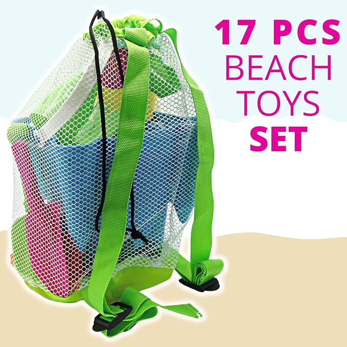 4E's Novelty Beach Toys for Kids with Bag (17 Pcs Set) Castle Beach Bucket with Shovels & Molds Kit - Sand Toys Set for Toddlers with Mesh Beach Bag Backpack, Easter Basket Stuffer