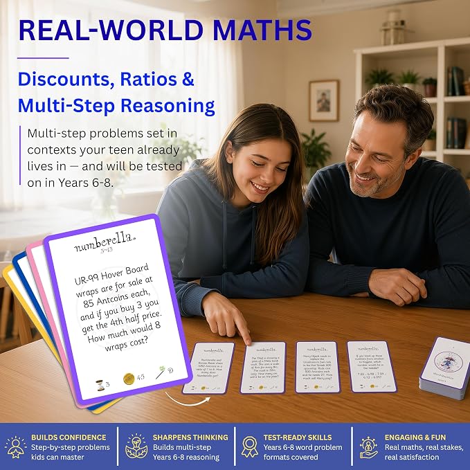 Numberella Deluxe Math Card Game – Level 3 | Ages 13–15, Grades 8–10 | Algebra, Geometry & Statistics | Middle School Math Game | Award-Winning STEM | 432 Questions, 6 Card Types | 2–5 Players