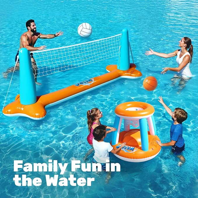 JOYIN Pool Toys Games Set-Inflatable Pool Float Set Volleyball Net & Basketball Hoops, 2 in1 Floating Swimming Game Toy, Volleyball Swimming Pool Game for Kids and Adults, Backyard Beach Summer Toys