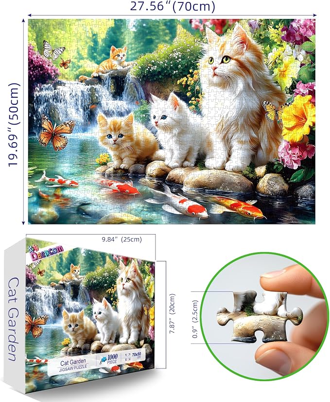 Serene Cat Garden 1000 Piece Jigsaw Puzzle for Adults, Waterfall Scene with Koi Fish and Butterflies, 27.56 x 19.69 Inch, Relaxing, Detailed Art for Solo or Social Puzzling