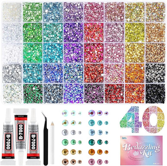 Zefy 43000 Pcs Resin Rhinestones for Bedazzling, 40 Colors 2/3/4 mm Bedazzling Kit for Crafting, Flatback Gems with 3Pcs B7000 Glue for Clothing Shoes Nail Book Diamond Art
