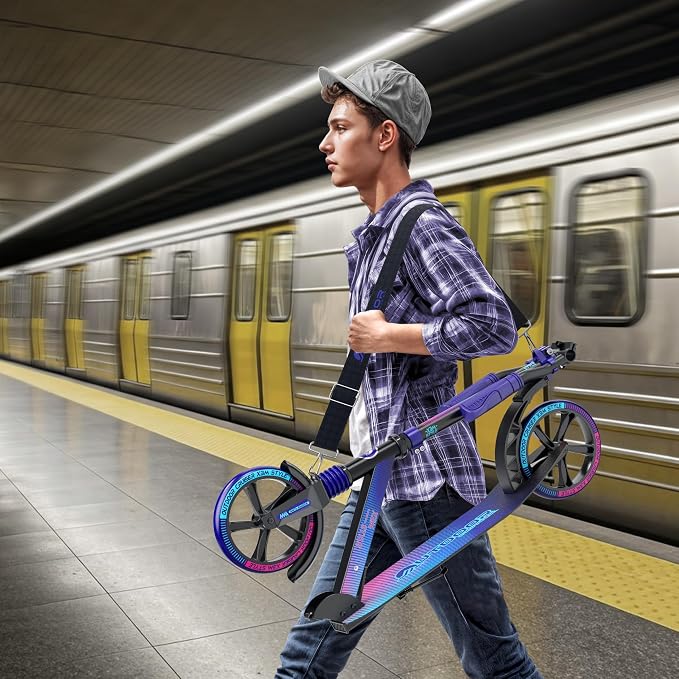 Outdoor Cruiser Kick Scooter for Ages 6+, for Kids, Teens, and Adult, Max Load 250 LBS, Foldable, 8-inch Big Wheels, Dual Suspension, 3 Adjustable Levels, Child Safety Approved, Blue, Purple, & Pink