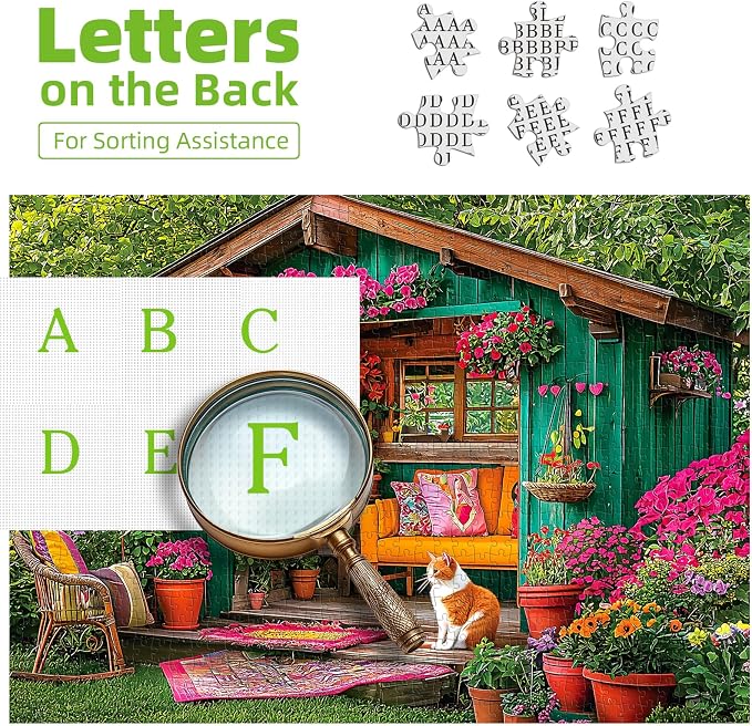 Flower House 500 Piece Puzzle for Adults Colorful Garden Shed Cat Jigsaw Puzzles with Letters on Back Perfect Family Challenge for Game Nights(23"X15")