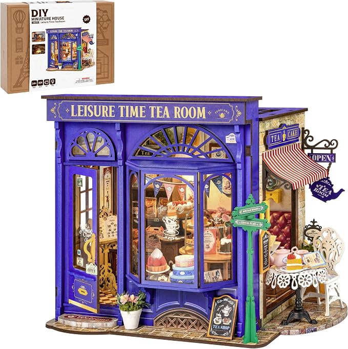 ROBOTIME DIY Miniature House Kit, Bakery Diorama House, Tiny House Kit for Adults, Mini Dollhouse Kit with Furniture Birthday Christmas Craft Hobbies Gift for Family/Friends (Leisure Time Tea Room)