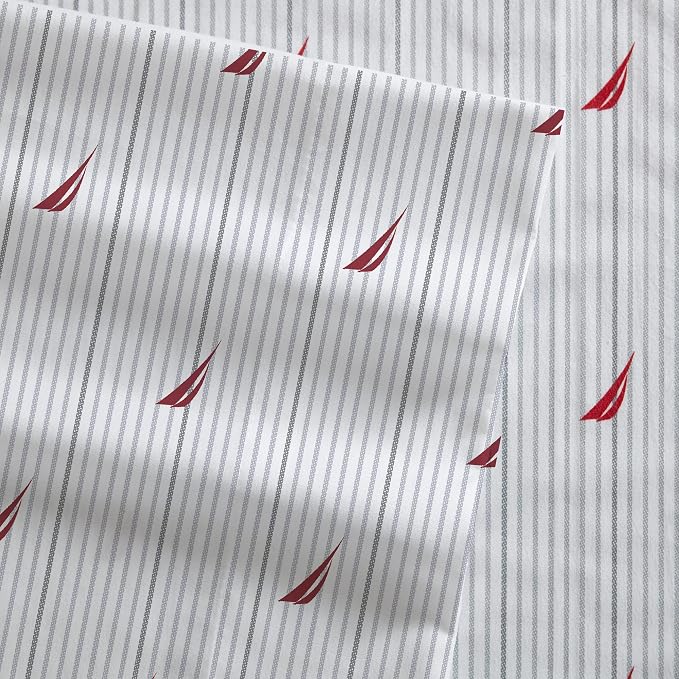 Nautica- King Sheet Set, Cotton Percale Bedding Set, Crisp & Cool, Lightweight & Breathable (Audley Stripe Red, King)