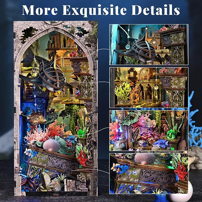 fifijoy Book Nook Kit - DIY Miniature Dollhouse for Adults and Teens, Creative Bookshelf Decor 3D Wooden Puzzle Bookend with LED Light, Unique Gift for Family and Friends (Lost City of Atlantis)