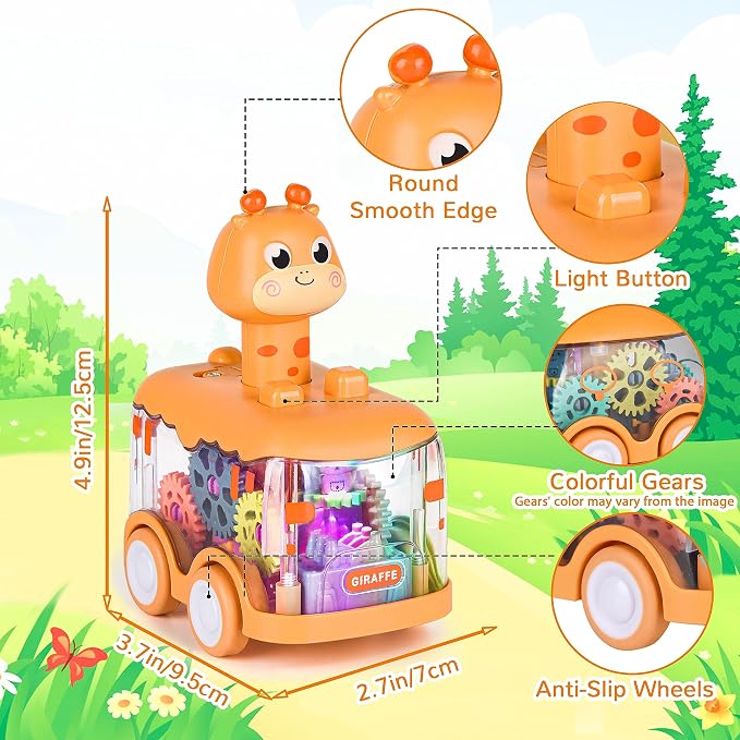 ShinySong Press and Go Car for Toddlers, 2 Pack Light Up Baby Animal Car Toys with Visible Gears, Birthday Gifts for Boys Girls, Giraffe 2PCS