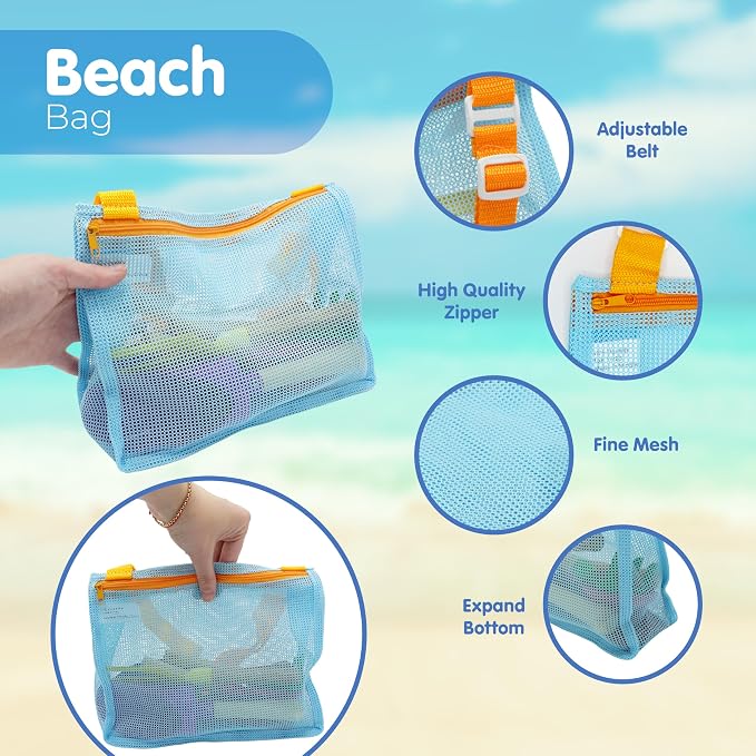 4E's Novelty Shark Tooth Sifter for Beach with Small Mesh Beach Bag for Shell Collecting, Metal Sand Scoop for Picking Up Shells - Beach Toys for Kids (1 Set)