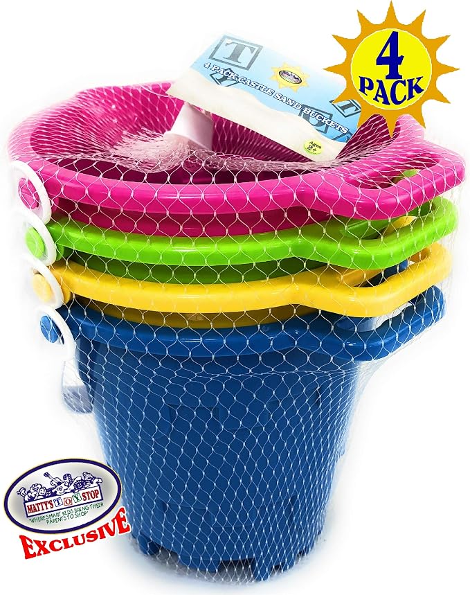 Matty's Toy Stop Beach Gear 7" Plastic Castle Mold Sand Buckets (Pails) with Easy Pour Spout and Handle Blue, Pink, Green & Yellow Party Set Bundle - 4 Pack