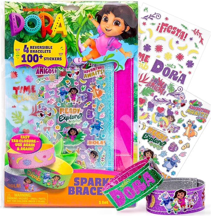 Dora Sparkle Bracelets, Reversible Bracelet Design with Easy Tab Closures, Includes Over 100 Glitter and Puffy Stickers