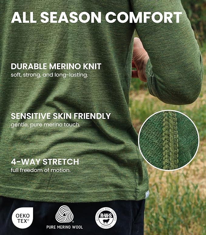 Merino.tech Merino Wool Base Layer Mens Set - Heavyweight, Midweight, Lite Merino Wool Thermal Underwear For Men Top, Bottom