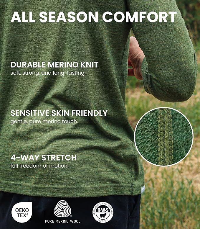 Merino.tech Merino Wool Base Layer Mens Set - Heavyweight, Midweight, Lite Merino Wool Thermal Underwear For Men Top, Bottom