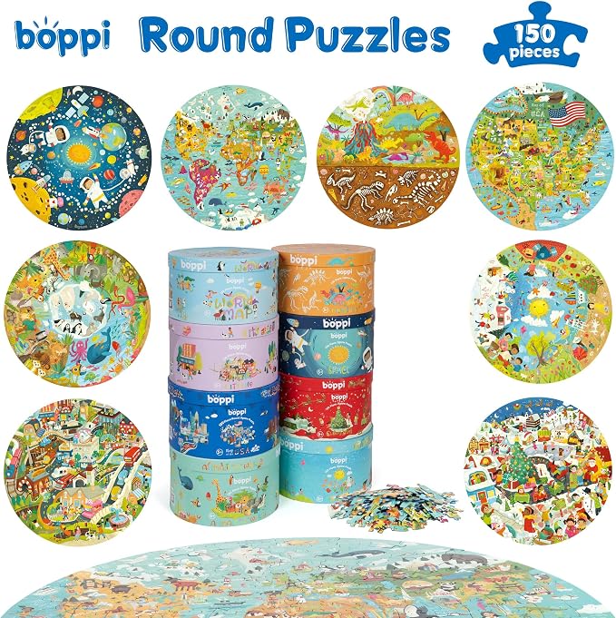 boppi Round 150 Piece Jigsaw Puzzle for Kids Aged 5-8 | Educational City Life Puzzle with Buildings, Vehicles & People | Eco-Friendly Recycled Cardboard