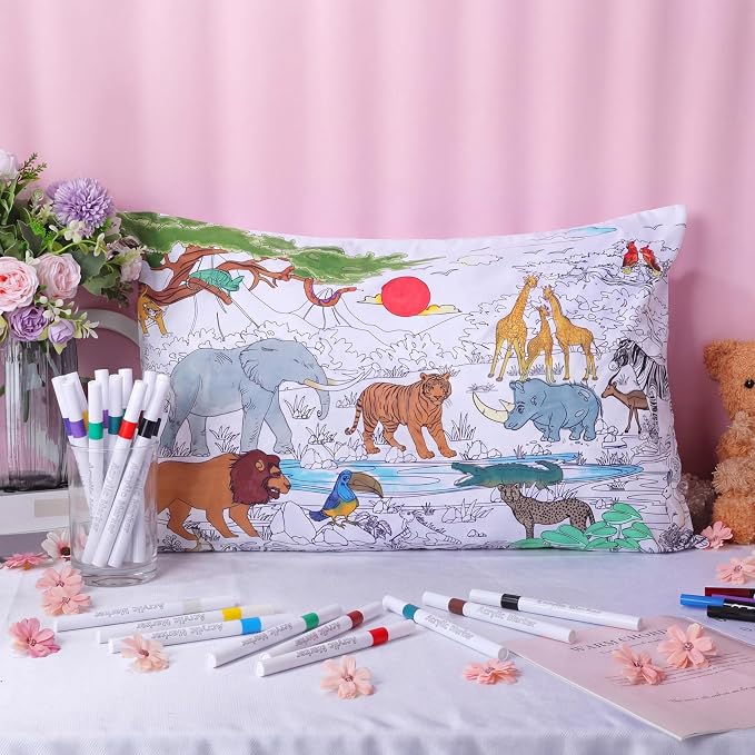 Mindsoft Coloring Pillowcase with 12 Pcs Markers Color Your Own Pillowcase Kit for Coloring Craft Decoration Supplies, 28.7 x 19.7 Inch(Wild Animals)