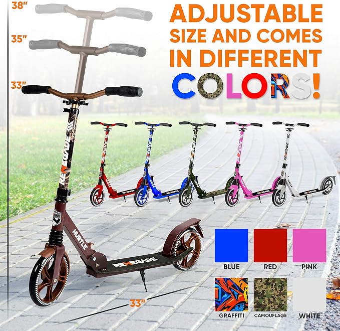 Hurtle Renegade Kick Scooter for Kids, Teenagers & Adults - 2-Wheel Folding Scooter with Adjustable T-Bar Handlebar - Alloy Anti-Slip Deck