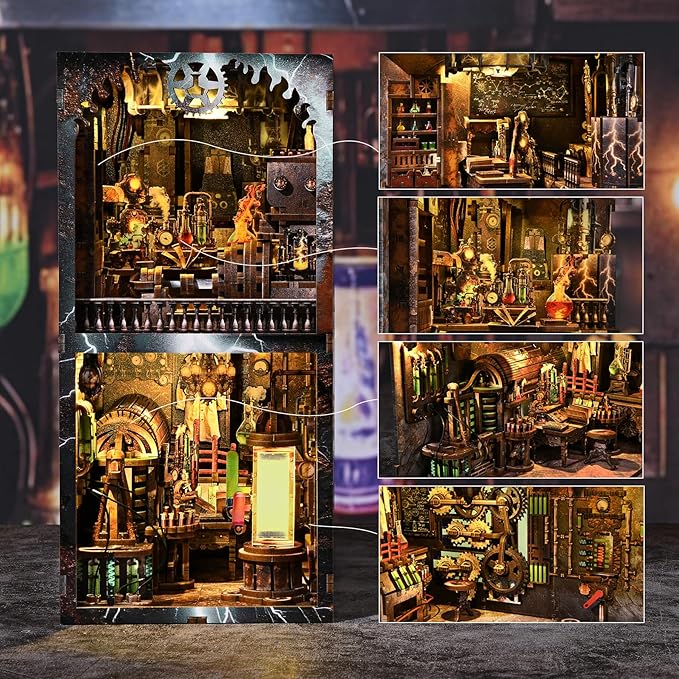 fifijoy Book Nook Kit, DIY Miniature Dollhouse Booknook Kit, 3D Wooden Puzzle Bookend Bookshelf Insert Decor with LED Light for Teens and Adults (Steampunk Mad Scientist Laboratory)