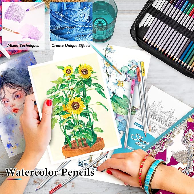 Soucolor 73 Pack Art Supplies Sketching Kit for Adults Artist Gifts, School Supplies, Drawing Sketching Pencils with Sketchbook, Coloring Book, Colored Watercolor Metallic Graphite Charcoal Pencils