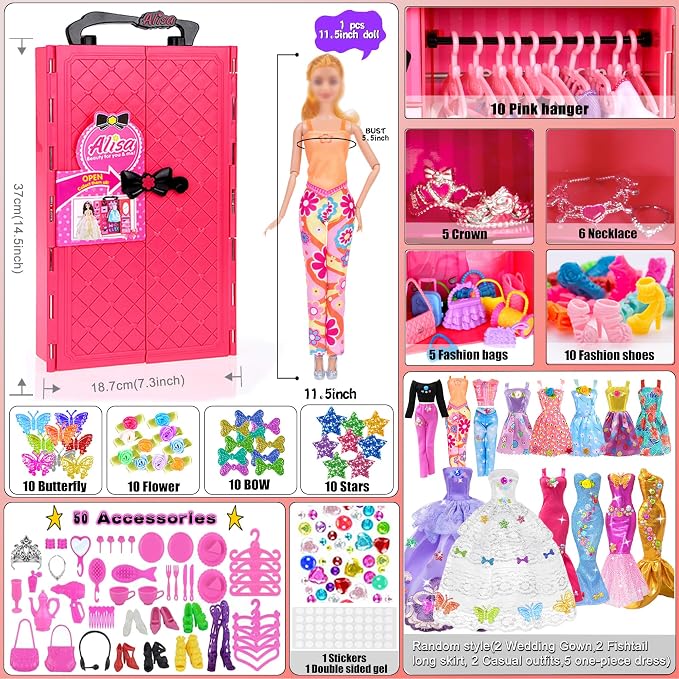 139pcs 11.5-inch Fashion Doll and Wardrobe Playset: Wedding Dress, Outfits, Shoes, Bags, Necklace, DIY Stickers Accessories